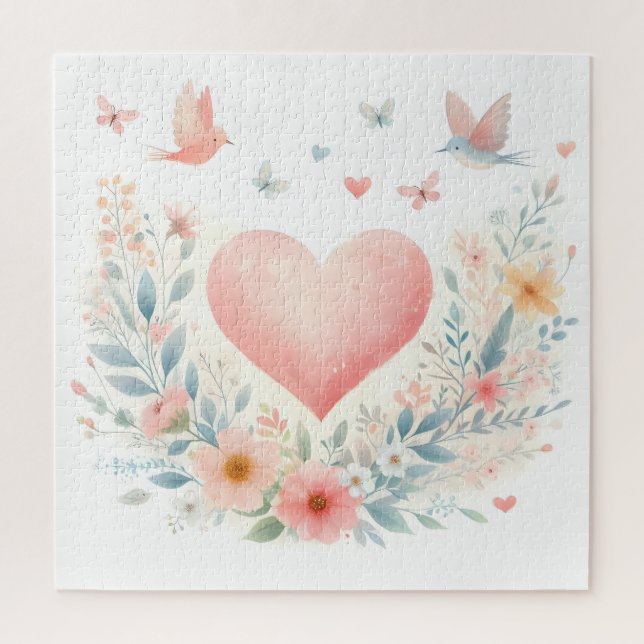 Puzzle Corazón de acuarela suave amor flores pájaros (Vertical)