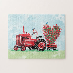 Puzzle Corazón floral del tractor rojo viejo del vintage