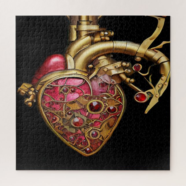 Puzzle Corazón Steampunk Anatómico Rubíes y Engranajes (Vertical)
