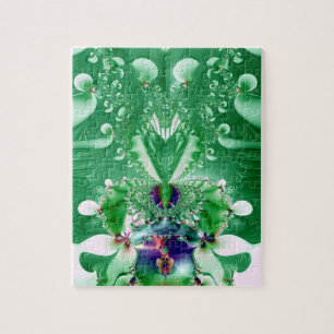 Puzzle Corazón verde y flores fractales