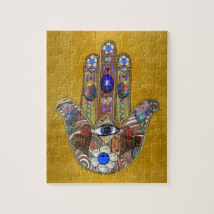 Puzzle Corazones de Hamsa Flores Ópalo Arte en Oro
