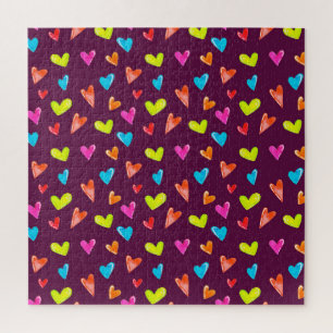 Puzzle Corazones multicolores: Patrón púrpura acuarela.