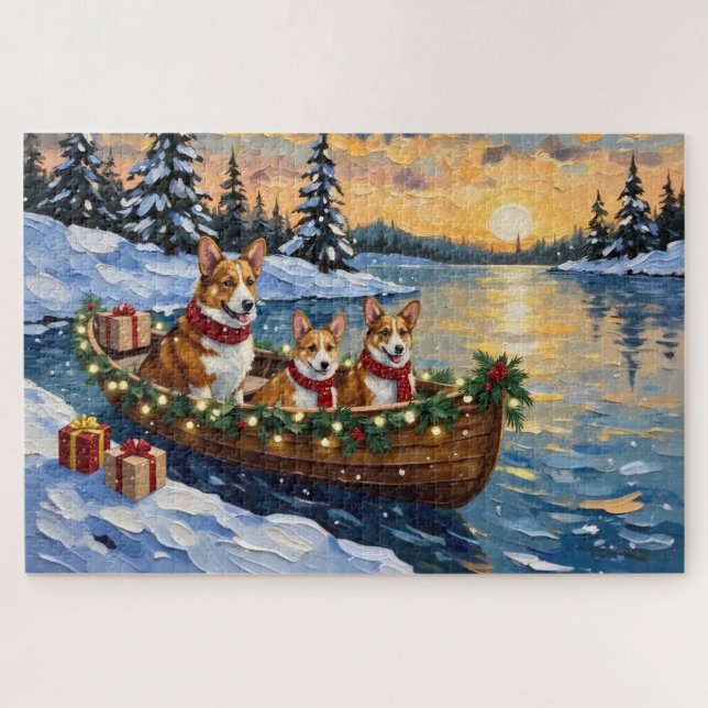 Puzzle Corgi Christmas Boat Holiday (Horizontal)