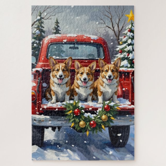 Puzzle Corgi Christmas Red Truck Holiday (Vertical)