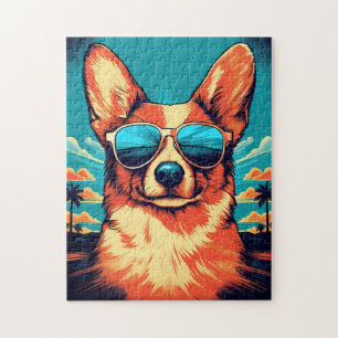 Puzzle Corgi con gafas de sol en una playa tropical
