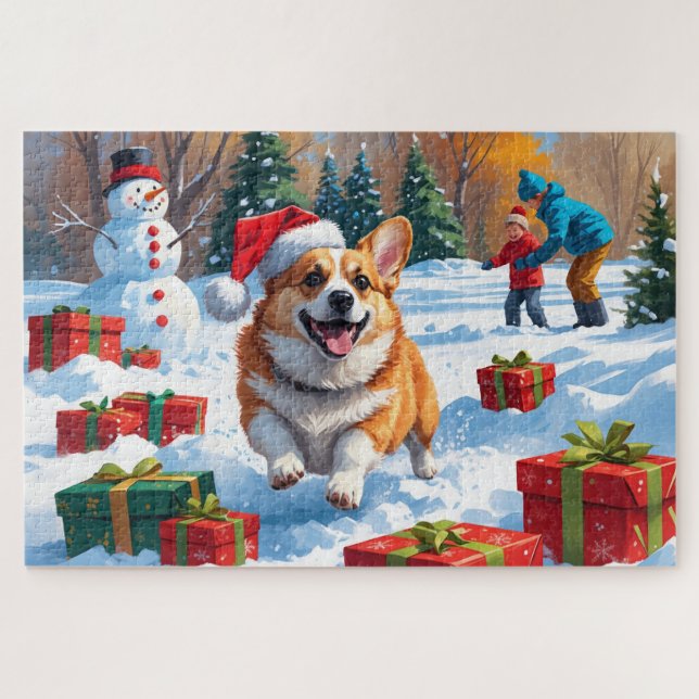 Puzzle Corgi corriendo en Nieve con Gorra Navidad (Horizontal)