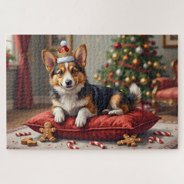 Puzzle Corgi Dog Christmas Loaf with Santa Crown Art (Horizontal)