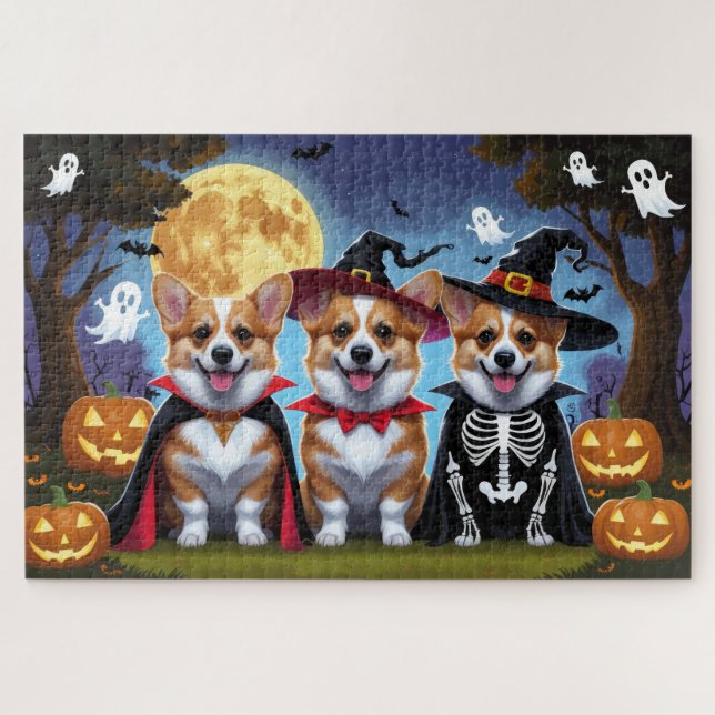 Puzzle Corgi Dogs Calabaza Halloween Funny (Horizontal)