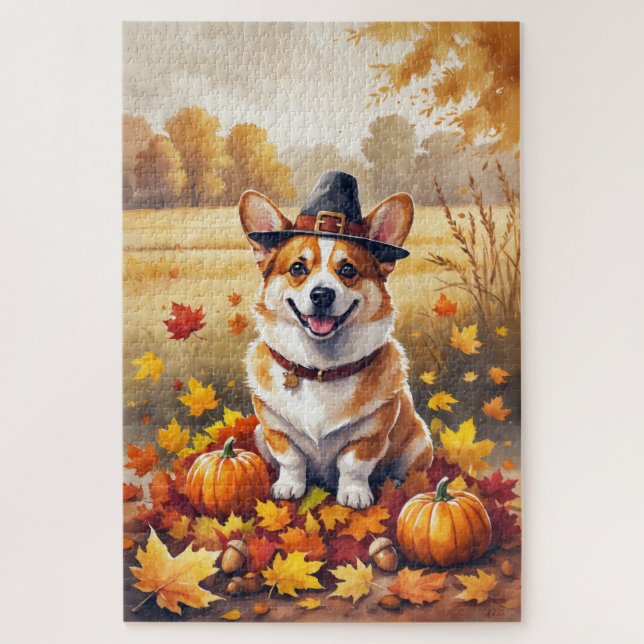 Puzzle Corgi En Otoño Deja El Arte De Acción De Gracias (Vertical)