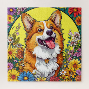 Puzzle Corgi encantador rodeado de flores coloridas