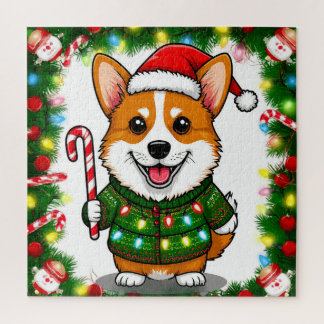 Puzzle Corgi Feliz con Jersey de Navidad y Sombrero de Sa