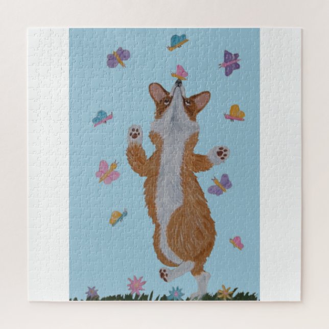 Puzzle Corgi galés bailando con mariposas (Vertical)