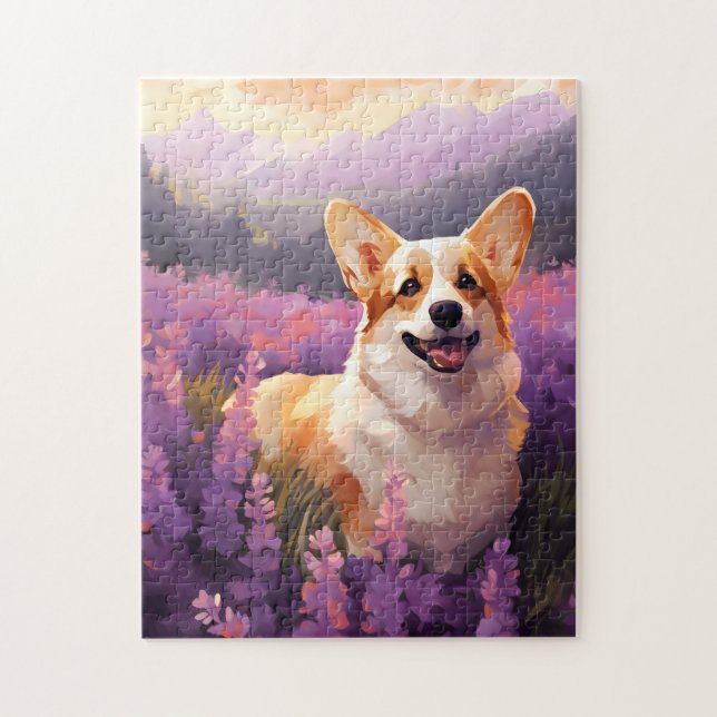Puzzle Corgi galés en el campo de Lavender (Vertical)