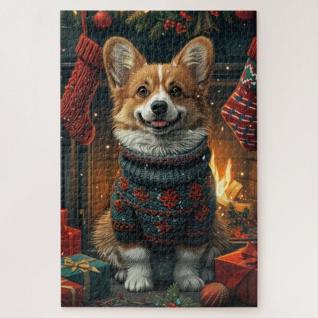 Puzzle Corgi Perro Con Regalos De Navidad Chimenea (Vertical)