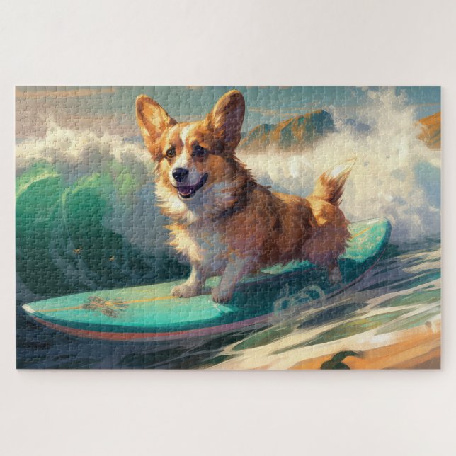 Puzzle Corgi Pintura de Surf en la Playa (Horizontal)