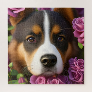 Puzzle Corgi Puppy en rosas morados