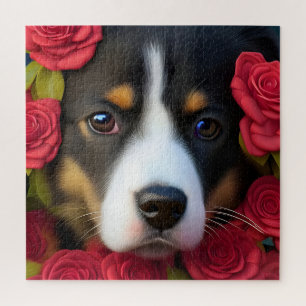 Puzzle Corgi Puppy en rosas rojas