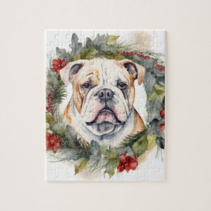 Puzzle Corona de Navidad de Bulldog Cachorro Festivo