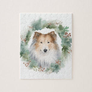 Puzzle Corona de Navidad de Collie Áspero Perro Festivo
