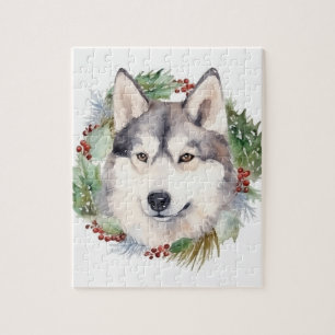 Puzzle Corona de Navidad de Husky Siberiano Perro Festivo