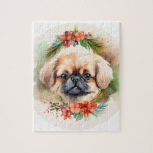 Puzzle Corona de Navidad de Pekinés Cachorro Festivo