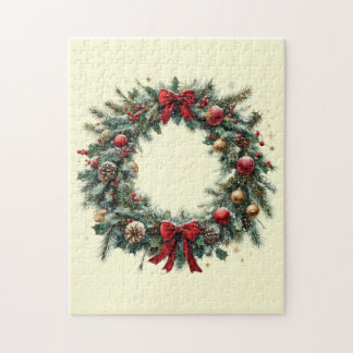 Puzzle Corona de Navidad elegante con piñas y lazo rojo