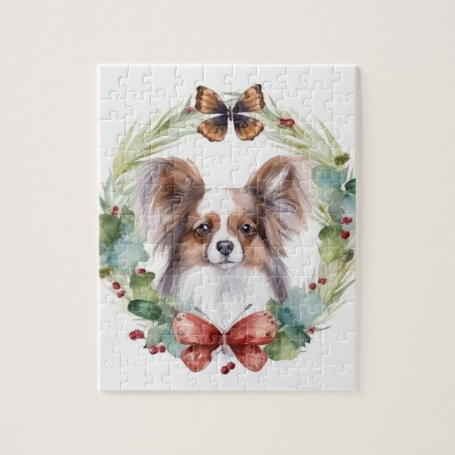 Puzzle Corona de Navidad Papillon Perro Festivo (Vertical)