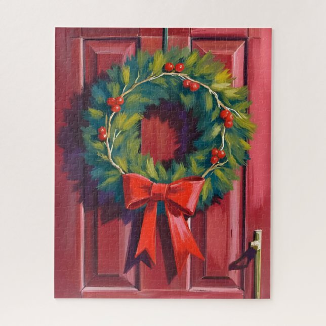 Puzzle Corona de Navidad Puerta Roja Acuarela (Vertical)