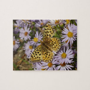 Puzzle Coronis Fritillary sobre flores de aster en Grand