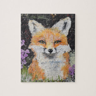 Puzzle Corte Red Fox Purple Flowers Mixed Media