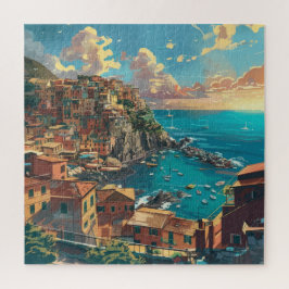 Puzzle Costa de Italia con acantilados y pueblo iluminado