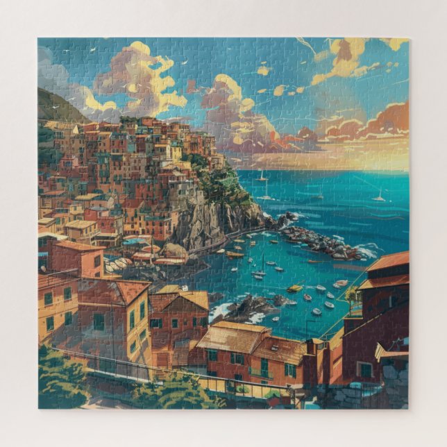 Puzzle Costa de Italia con acantilados y pueblo iluminado (Vertical)