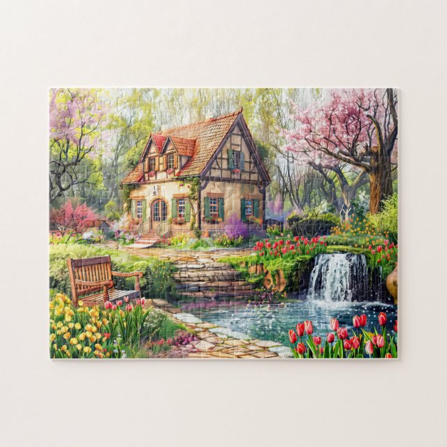 Puzzle Cottage de primavera con tulipanes florecientes (Horizontal)