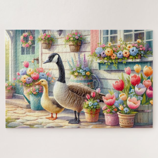 Puzzle Cottage Garden Geese Spring Illustration (Horizontal)