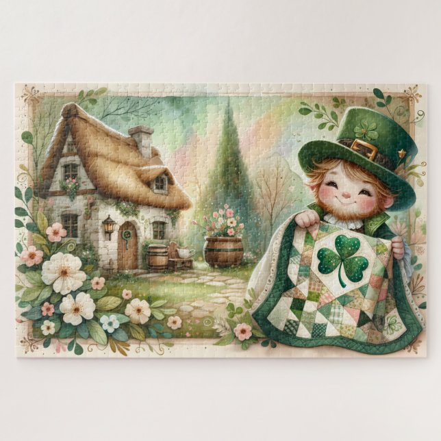 Puzzle Cottage Leprechaun Patchwork Quilt Scene (Horizontal)
