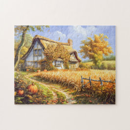 Puzzle Cottage otoñal por el campo de trigo y las calabaz