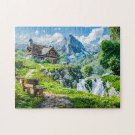Puzzle Cottaje alpino por cascada de montaña