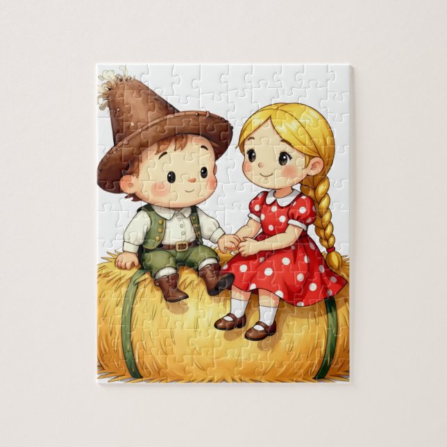 Puzzle Country Kids on a Hay Bale,  (Vertical)