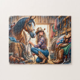 Puzzle Cowgirl and Horse in Barn Stable at Ranch