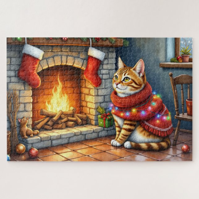 Puzzle Cozy Abyssinian Cat by Fireplace Christmas Lights (Horizontal)
