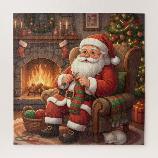Puzzle Cozy Christmas Santa Knitting by the Fireplace (Vertical)