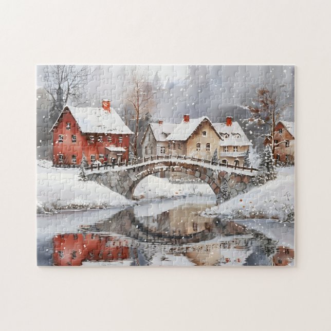 Puzzle Cozy Winter Village Bridge Watercolor Christmas (Horizontal)