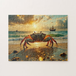 Puzzle crab on the beach at sunset
