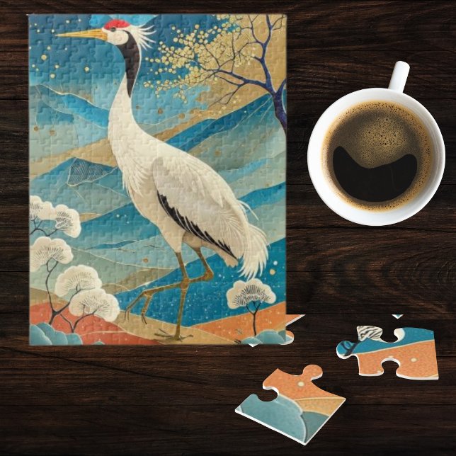 Puzzle Crane Bird with Mountains and Fall Trees Japanese (Subido por el creador)
