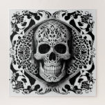 Puzzle Cráneo de encaje sonriente negro y blanco<br><div class="desc">Dé un paseo por el lado oscuro con este bello rompecabezas sonriente de encaje blanco y negro. Úsalo en Halloween,  para el Día de los Muertos,  o manténganlo al día para una conversación durante todo el año. Creado por Simply Farmhouse Press.</div>
