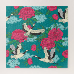 Puzzle Cranes Peonies: Viejos gráficos florales