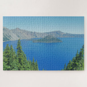Puzzle Crater Lake Blue Water and Evergreen Trees Photo