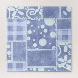 Puzzle Crazy Quilt Blue Gingham Floral Pattern 