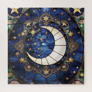 Puzzle Creciente Celestial Ornado Vidrio de Colores Luna