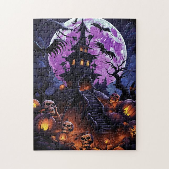 Puzzle Creepy Haunted House Purple Halloween Party (Vertical)